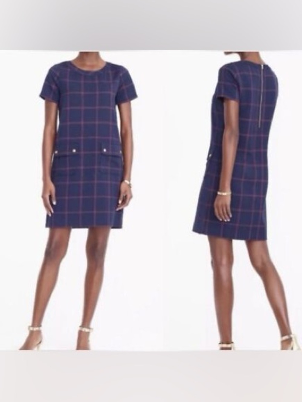 J. Crew Navy Plaid Short-Sleeve Shift Dress with Gold Buttons